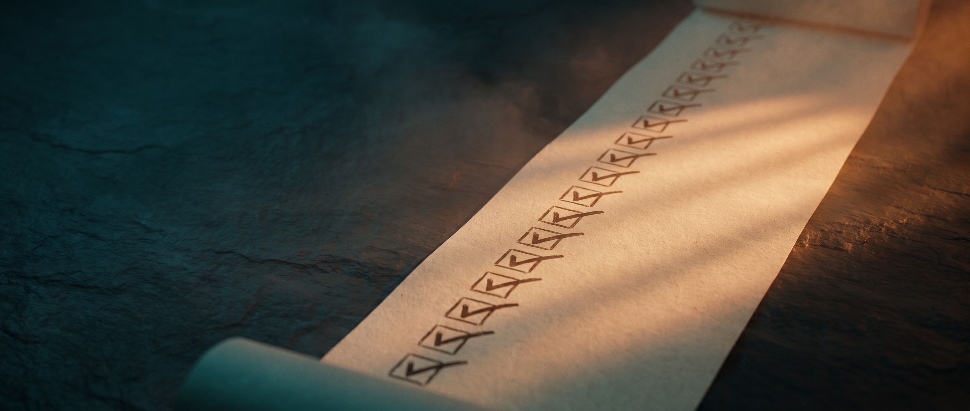 A long paper checklist lit by warm raking light, every single checkbox on it ticked