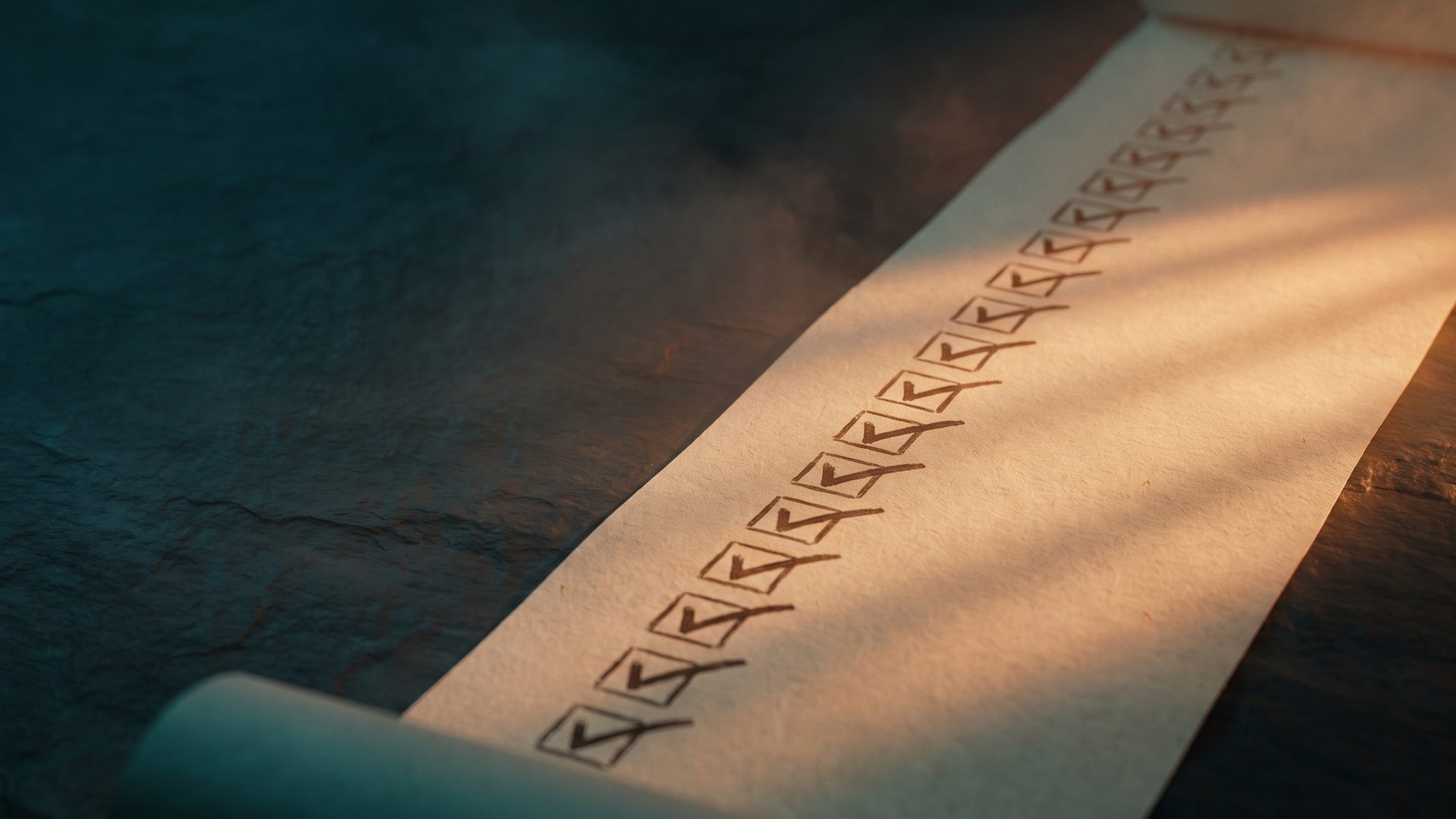A long paper checklist lit by warm raking light, every single checkbox on it ticked