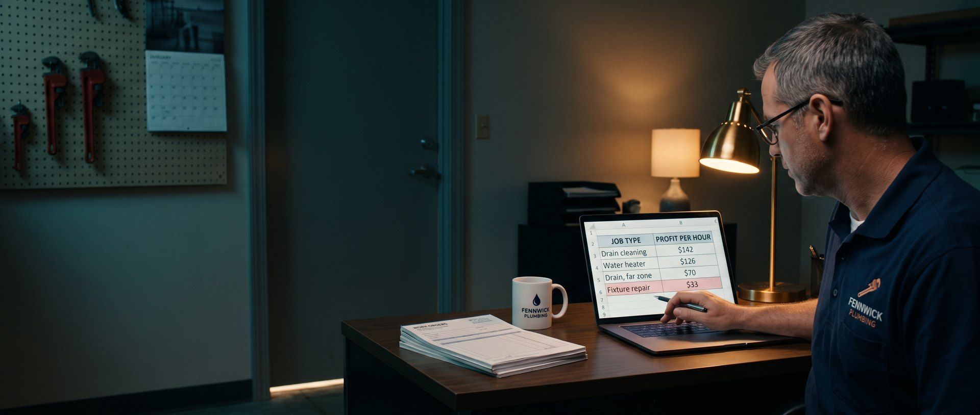 A plumbing company owner in a navy Fennwick Plumbing polo sits at his back-office desk at night, resting his pen on a red-highlighted Fixture repair $33 row in a profit-per-hour job list on his laptop.