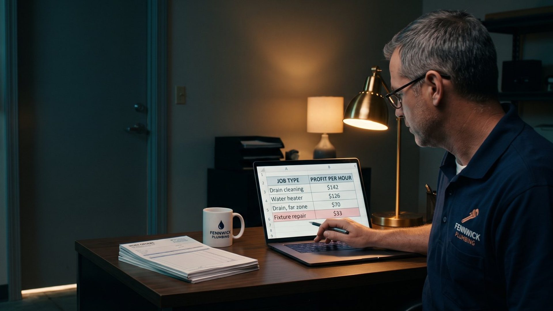 A plumbing company owner in a navy Fennwick Plumbing polo sits at his back-office desk at night, resting his pen on a red-highlighted Fixture repair $33 row in a profit-per-hour job list on his laptop.