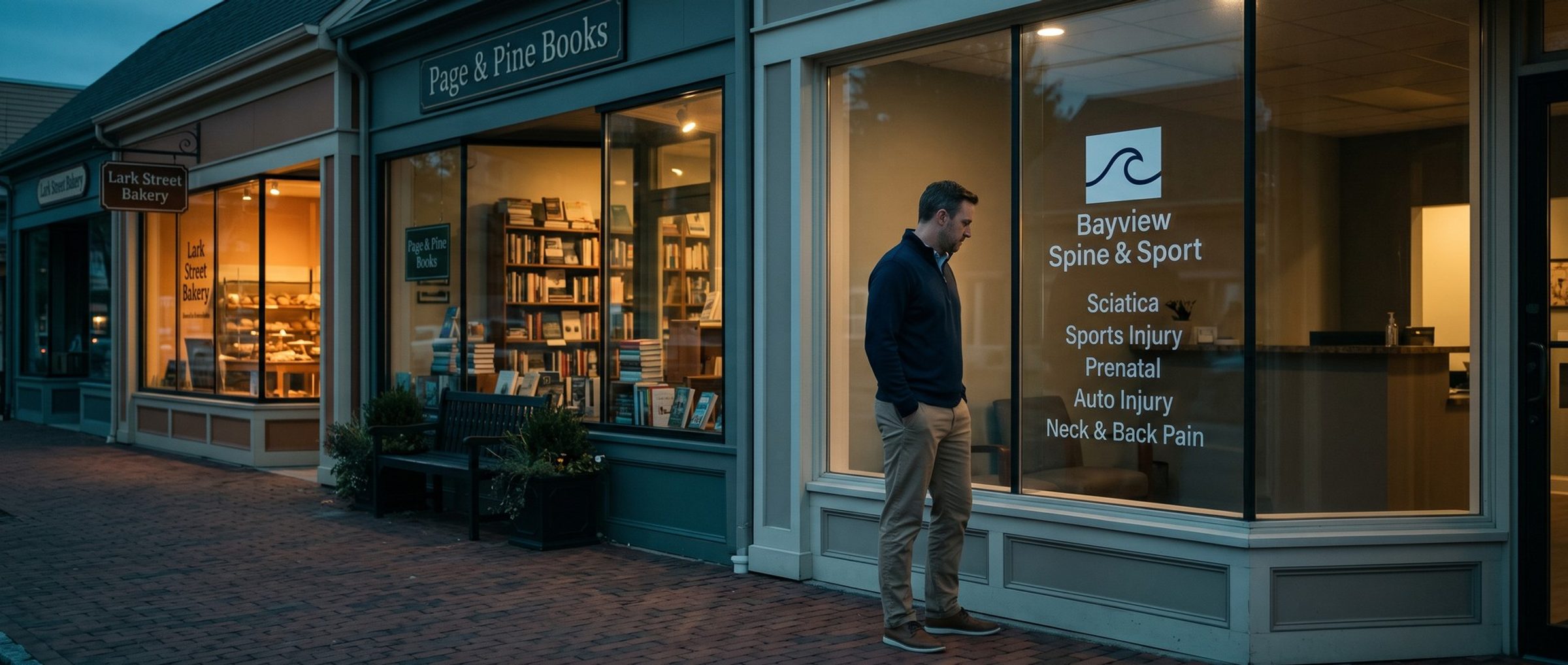 At dusk on a small-town main street, a man in a navy quarter-zip reads the services listed in the lit window of Bayview Spine & Sport: sciatica, sports injury, prenatal, auto injury, and neck and back pain