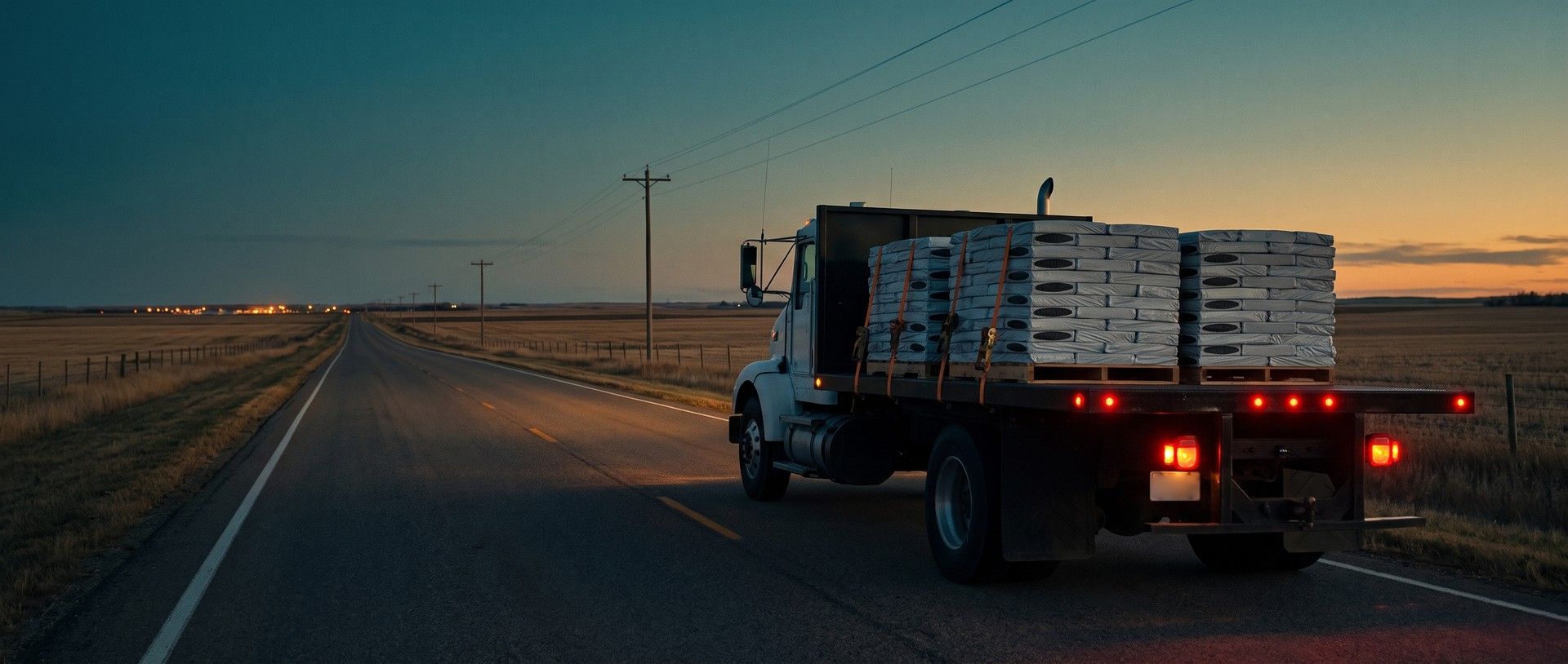 A white flatbed truck loaded with strapped pallets of shingle bundles drives down an empty two-lane highway through harvested farmland at dusk, telephone poles running to the horizon