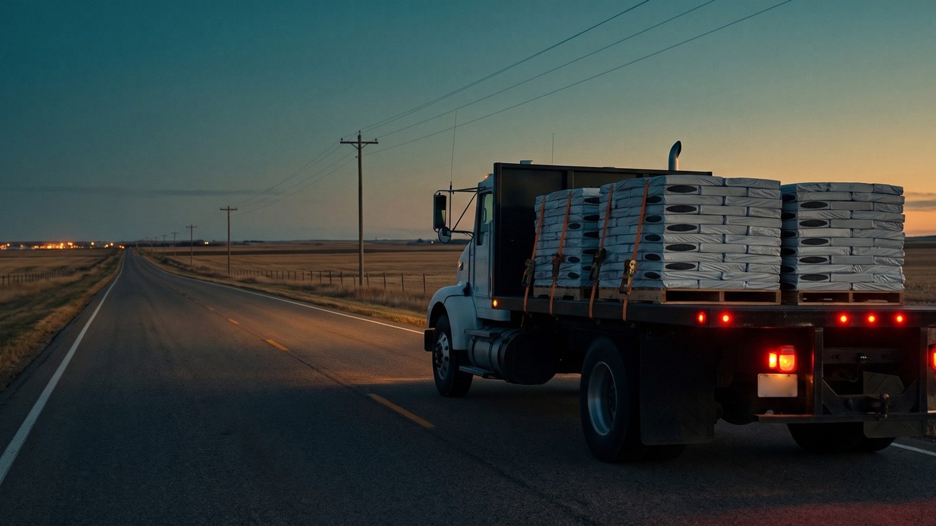 A white flatbed truck loaded with strapped pallets of shingle bundles drives down an empty two-lane highway through harvested farmland at dusk, telephone poles running to the horizon