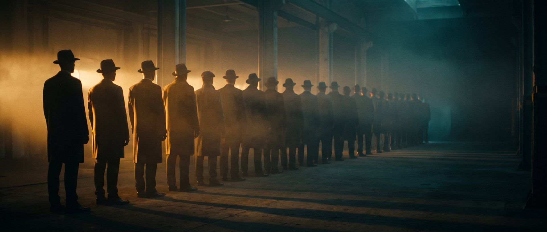 A long row of professionals receding into a dark hall, the near half lit by warm amber light and the far half fading into shadow