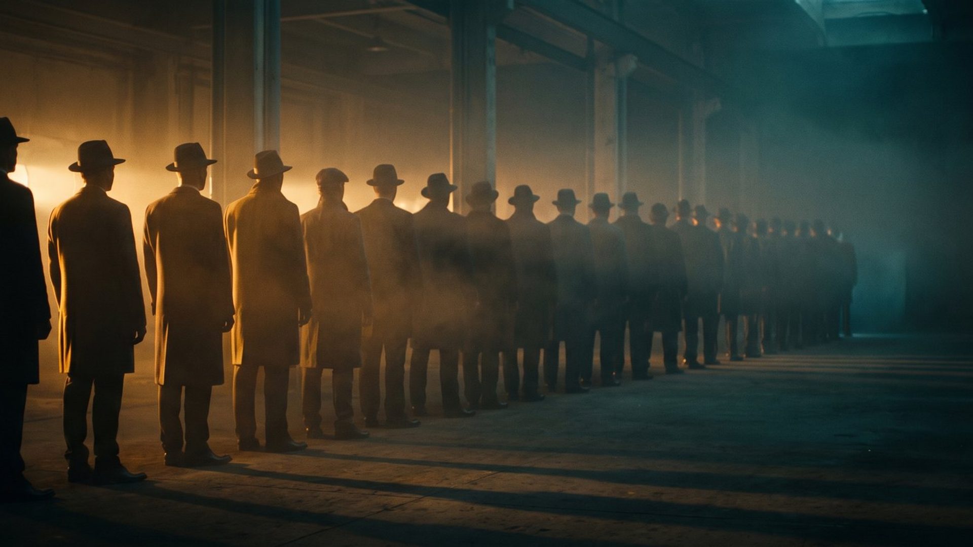 A long row of professionals receding into a dark hall, the near half lit by warm amber light and the far half fading into shadow