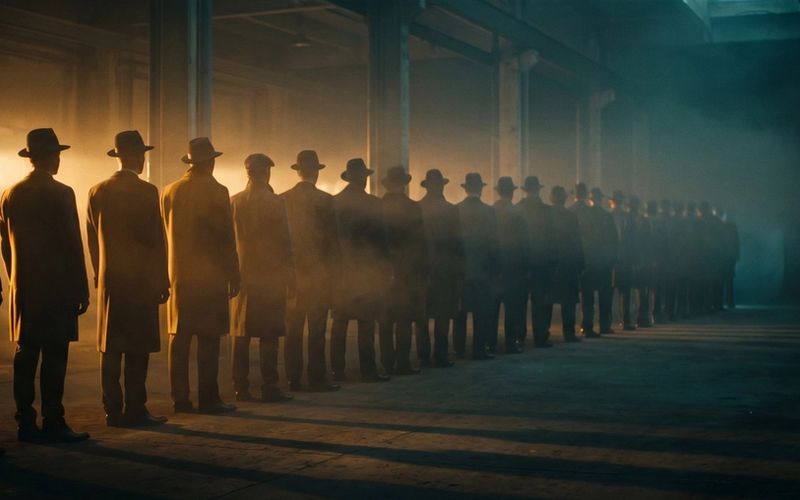 A long row of professionals receding into a dark hall, the near half lit by warm amber light and the far half fading into shadow