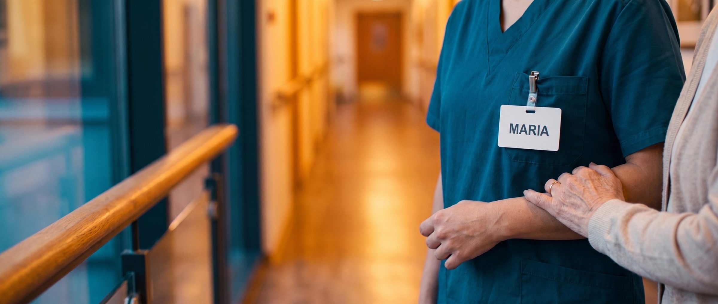 A caregiver in teal scrubs wearing a name badge that reads Maria, as an older resident's hand rests on her forearm in a warmly lit senior living hallway