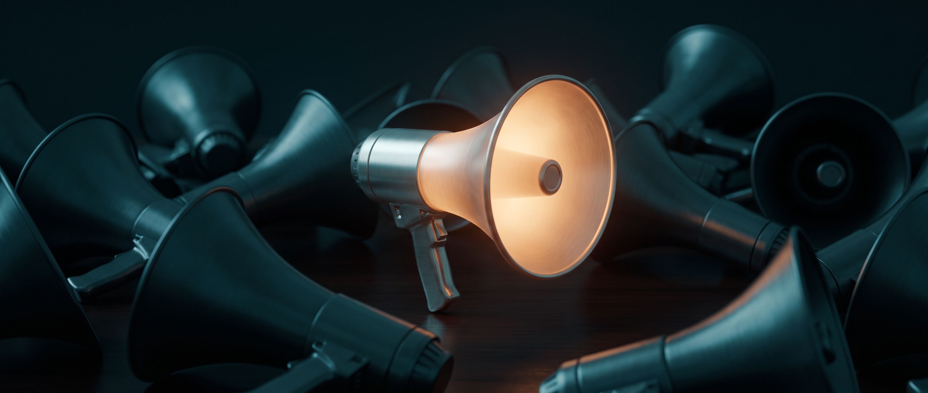 A single warm-amber megaphone standing out among a jumble of many silent grey megaphones, the one message actually heard, not a clamor of five.