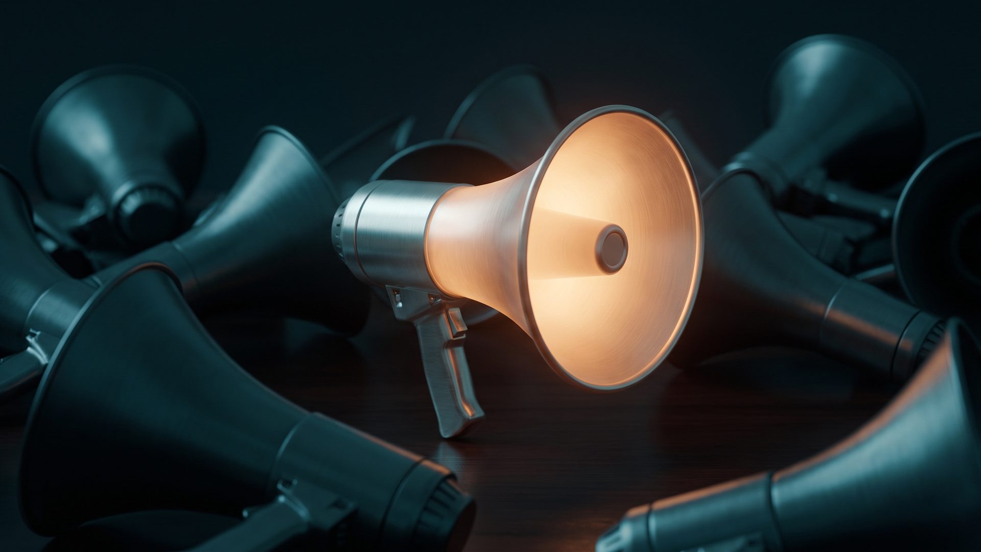 A single warm-amber megaphone standing out among a jumble of many silent grey megaphones, the one message actually heard, not a clamor of five.
