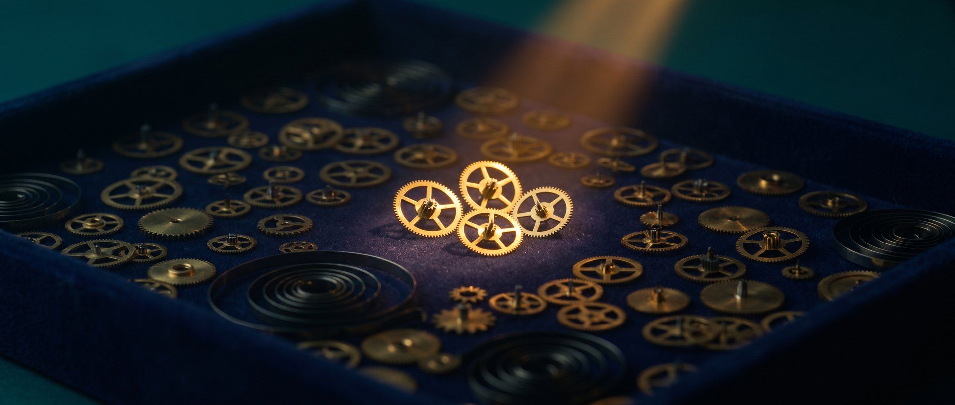 A watchmaker's tray of hundreds of tiny brass gears with four picked out in warm light