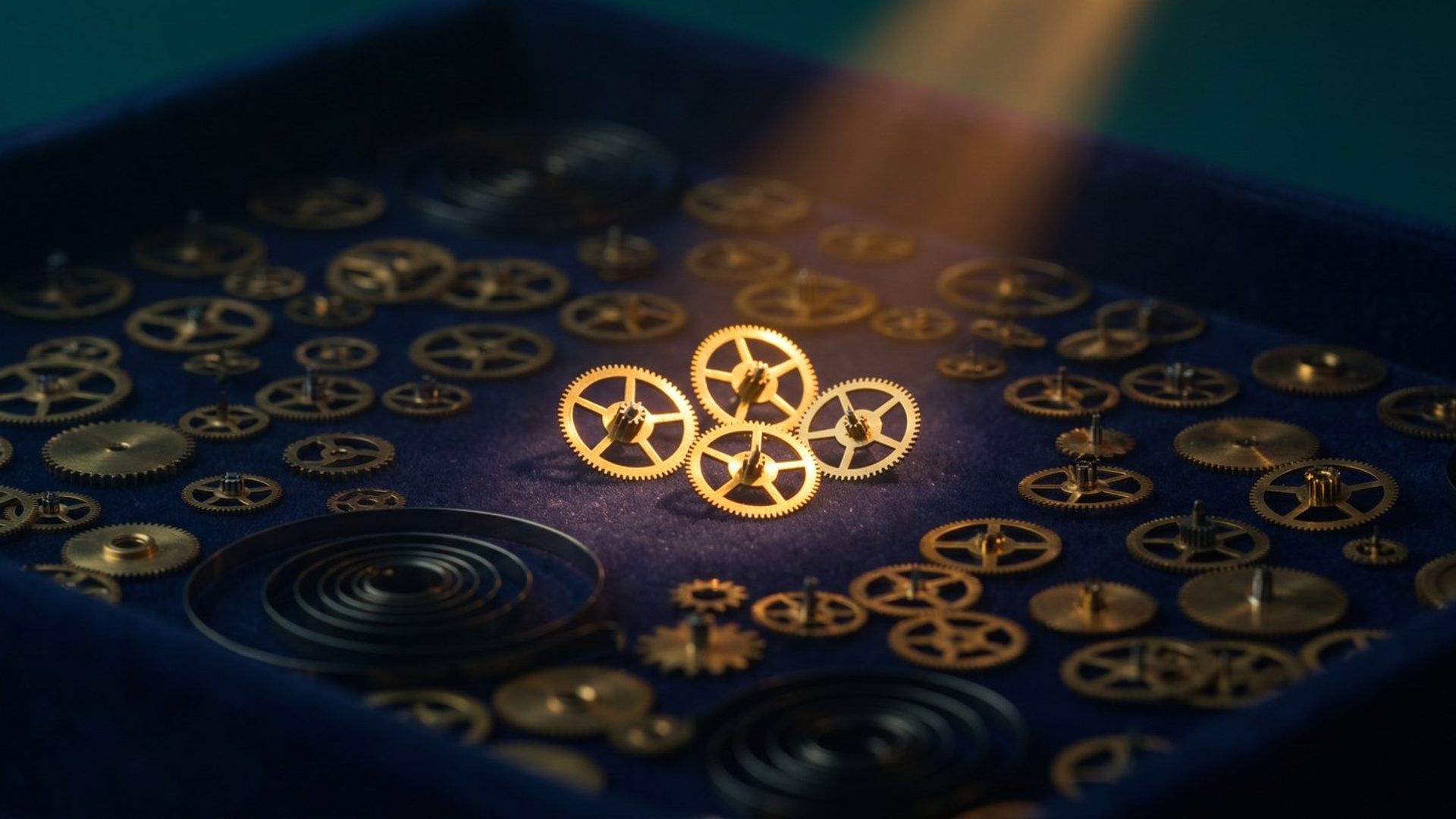 A watchmaker's tray of hundreds of tiny brass gears with four picked out in warm light