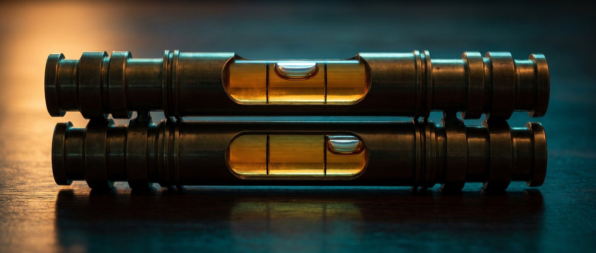Two brass spirit levels resting on the same surface with their bubbles sitting in different positions