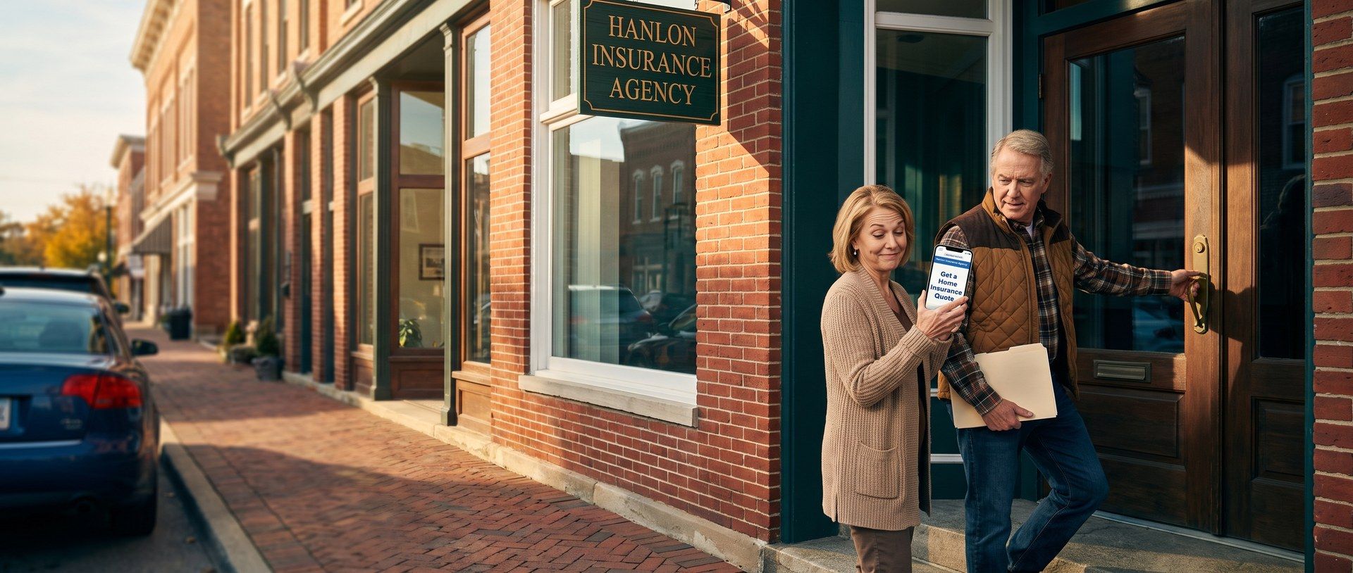 On a small-town Main Street, an older couple stands at the door of Hanlon Insurance Agency, the husband holding a policy folder, while the wife shows him her phone displaying a Get a Home Insurance Quote ad from that same agency