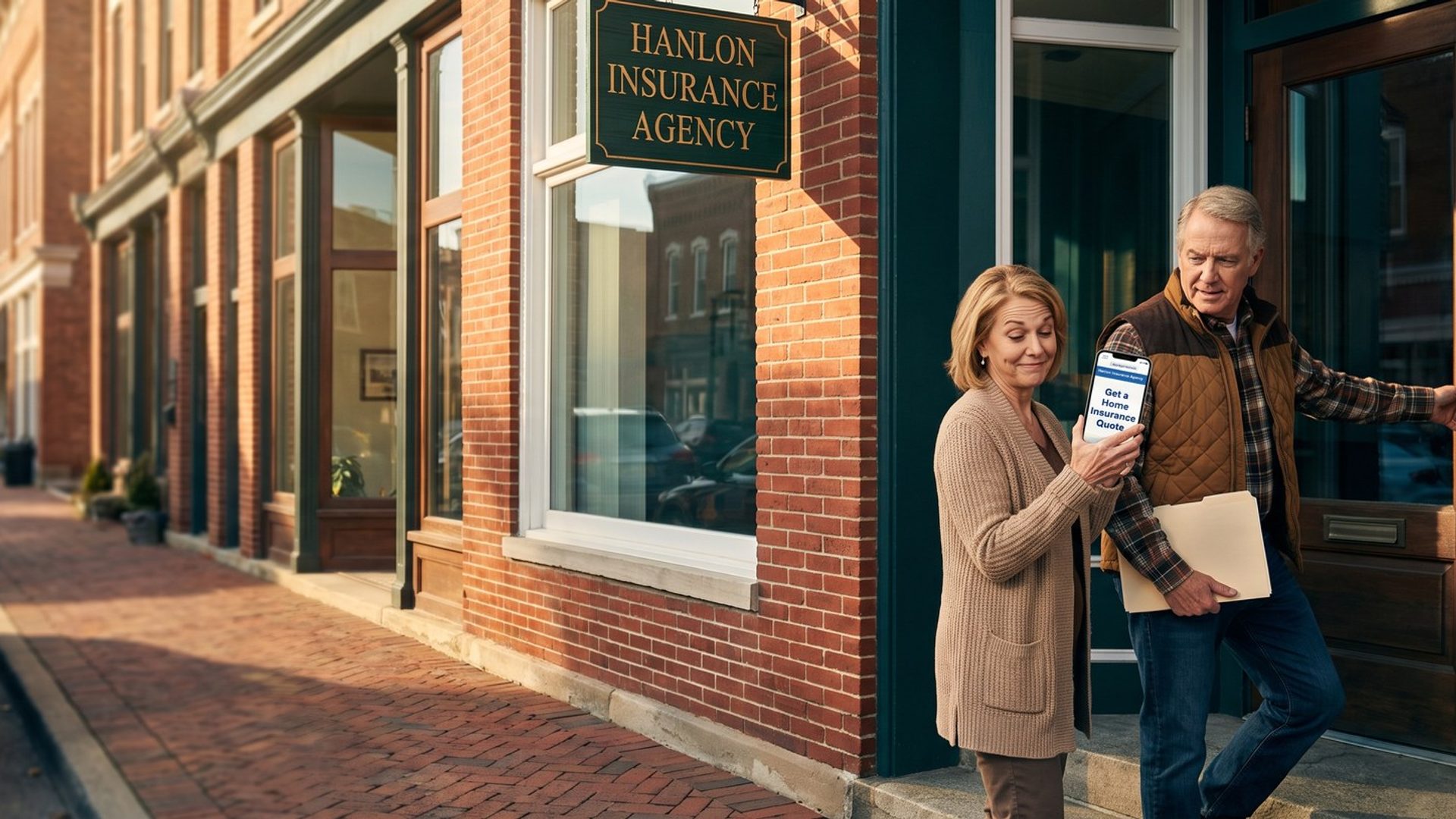 On a small-town Main Street, an older couple stands at the door of Hanlon Insurance Agency, the husband holding a policy folder, while the wife shows him her phone displaying a Get a Home Insurance Quote ad from that same agency