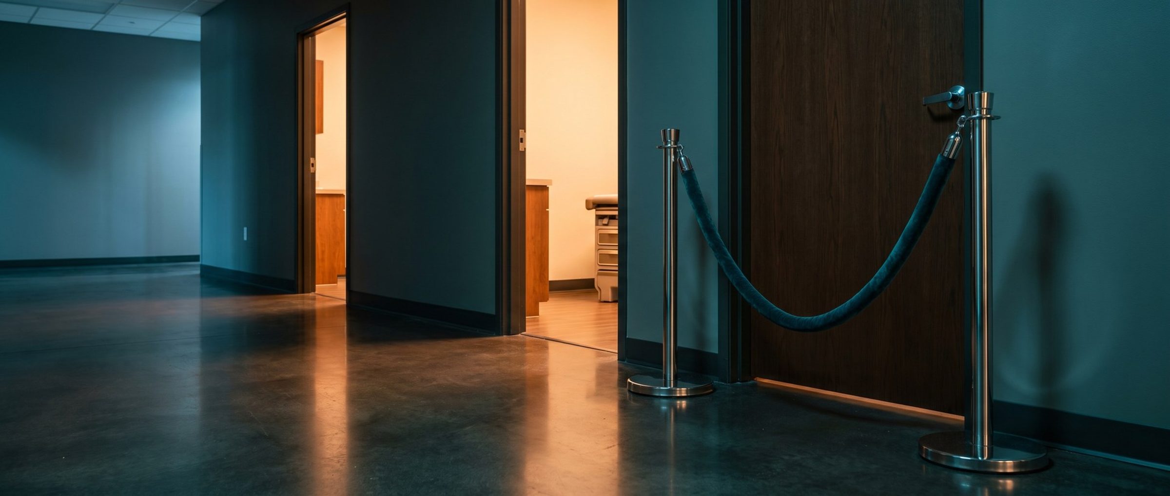A teal rope hung between two chrome stanchions across a closed exam-room door in an orthopedic clinic hallway, while the neighboring exam rooms stand open with warm light spilling out