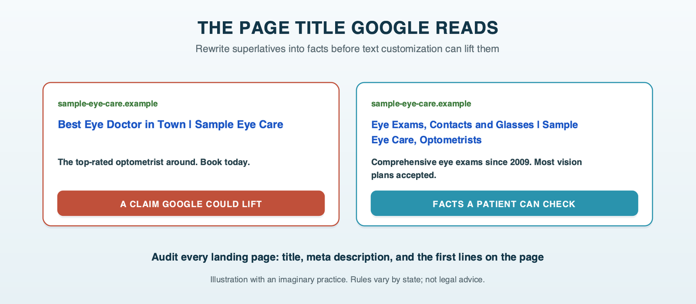 A mock search listing whose page title reads "Best Eye Doctor in Town, Sample Eye Care," flagged as the kind of superiority claim Google could lift into an ad, beside a factual rewrite reading "Eye Exams, Contacts and Glasses, Sample Eye Care, Optometrists"