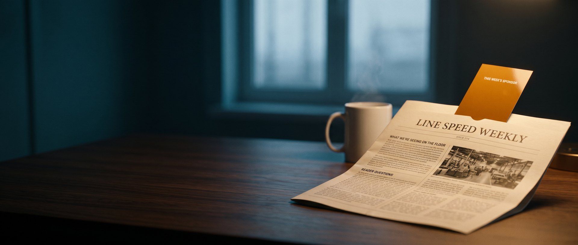 A printed trade newsletter open on a walnut desk at dawn beside a coffee mug, with an amber card reading This Week's Sponsor tucked into its top edge