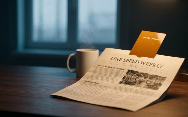 A printed trade newsletter open on a walnut desk at dawn beside a coffee mug, with an amber card reading This Week's Sponsor tucked into its top edge