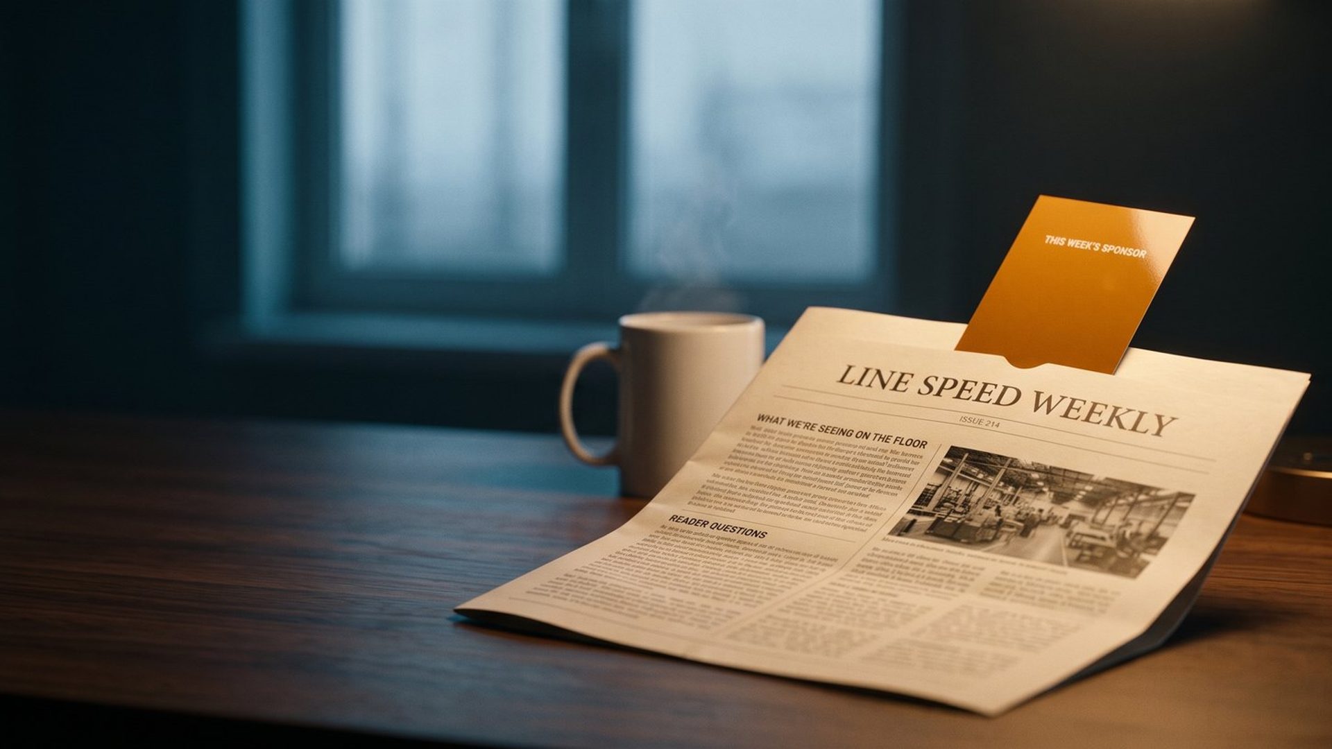 A printed trade newsletter open on a walnut desk at dawn beside a coffee mug, with an amber card reading This Week's Sponsor tucked into its top edge