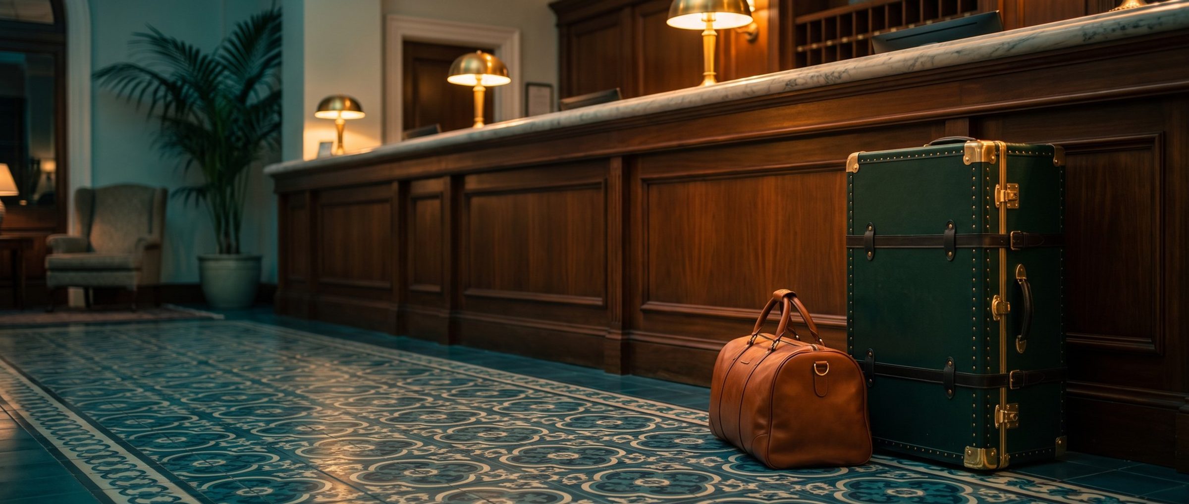 A boutique hotel lobby in the evening: a small cognac leather weekend bag and a tall forest green steamer trunk with brass corners stand side by side on a patterned tile floor at the end of a dark wood front desk lit by brass lamps
