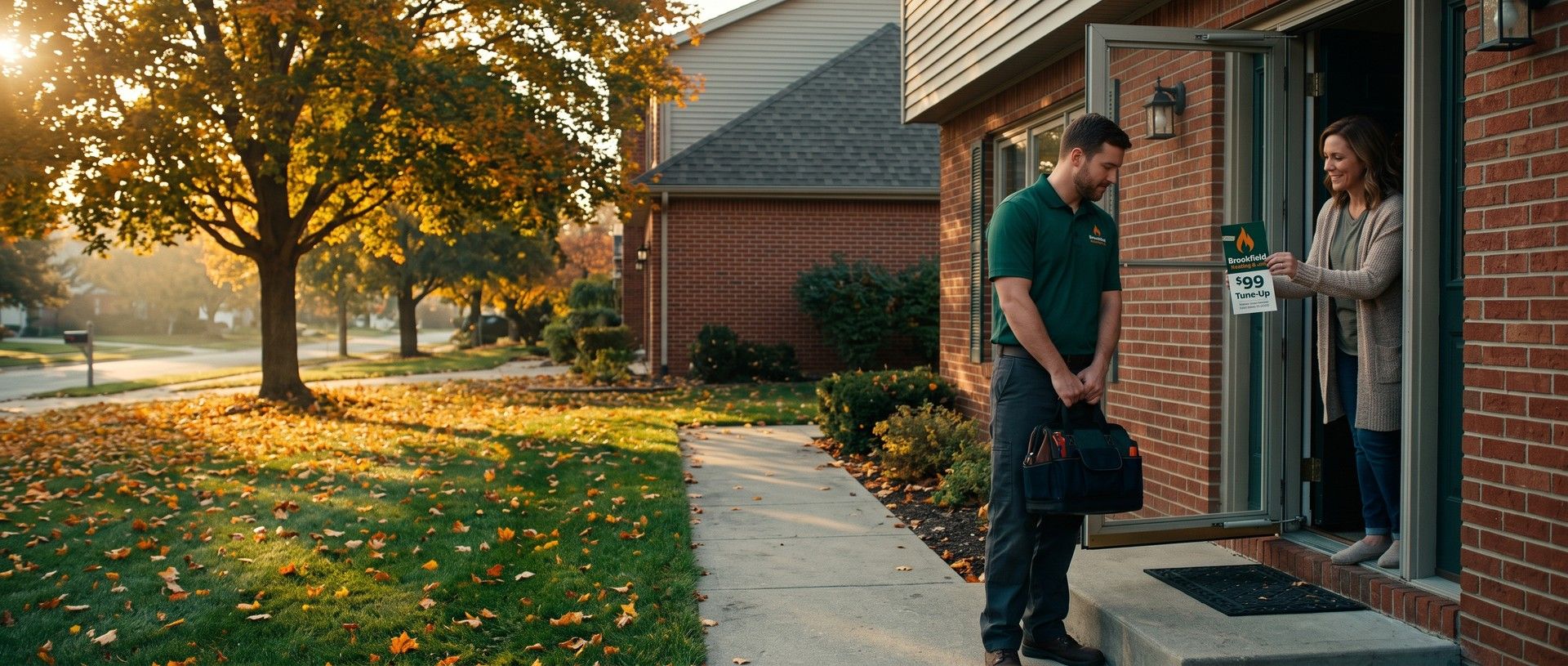 A homeowner in her doorway holds up a heating and air company's door-hanger coupon for a 99 dollar tune-up while a technician in a matching company shirt reads it from the front step
