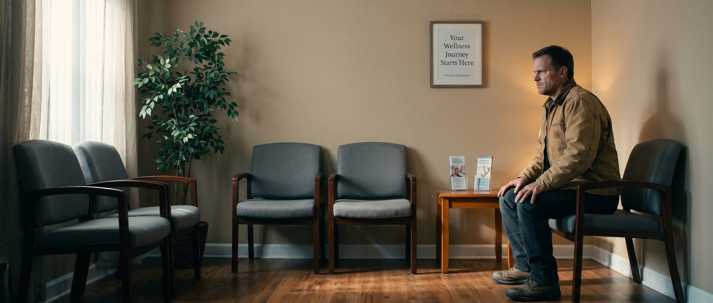 In a chiropractic waiting room, a man in a work jacket sits rigidly on the edge of his chair, hands braced on his knees, beneath a framed print reading Your Wellness Journey Starts Here