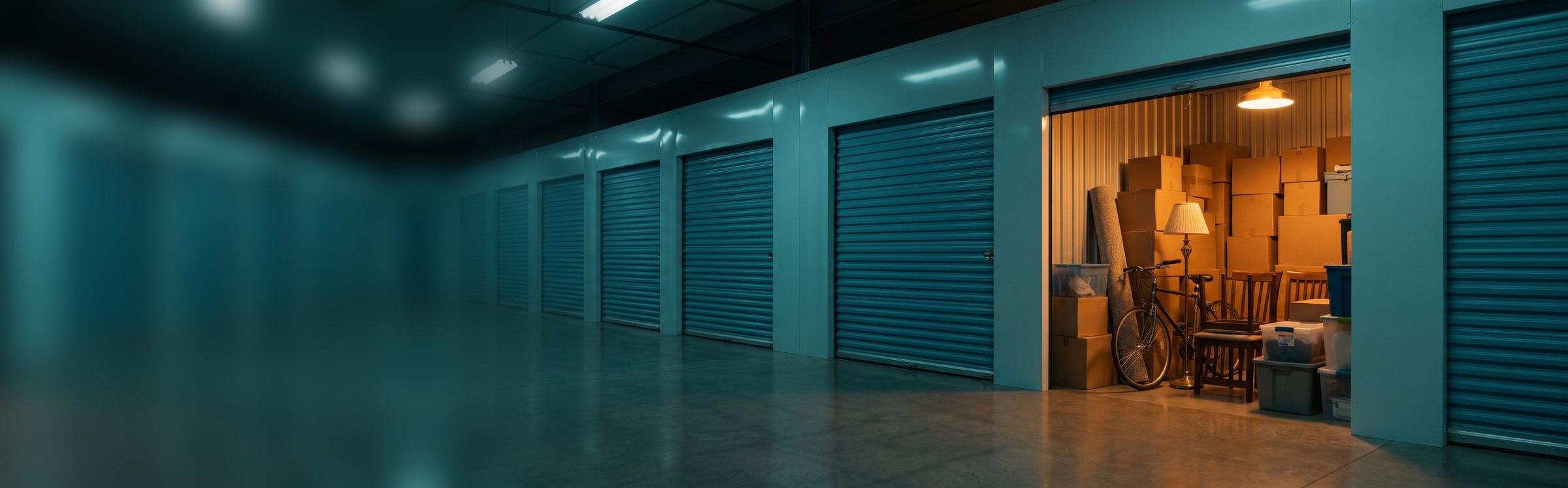 An indoor self-storage hallway at night with a row of closed teal roll-up doors and one open unit packed to the ceiling with boxes, a bicycle, a lamp, chairs and plastic bins