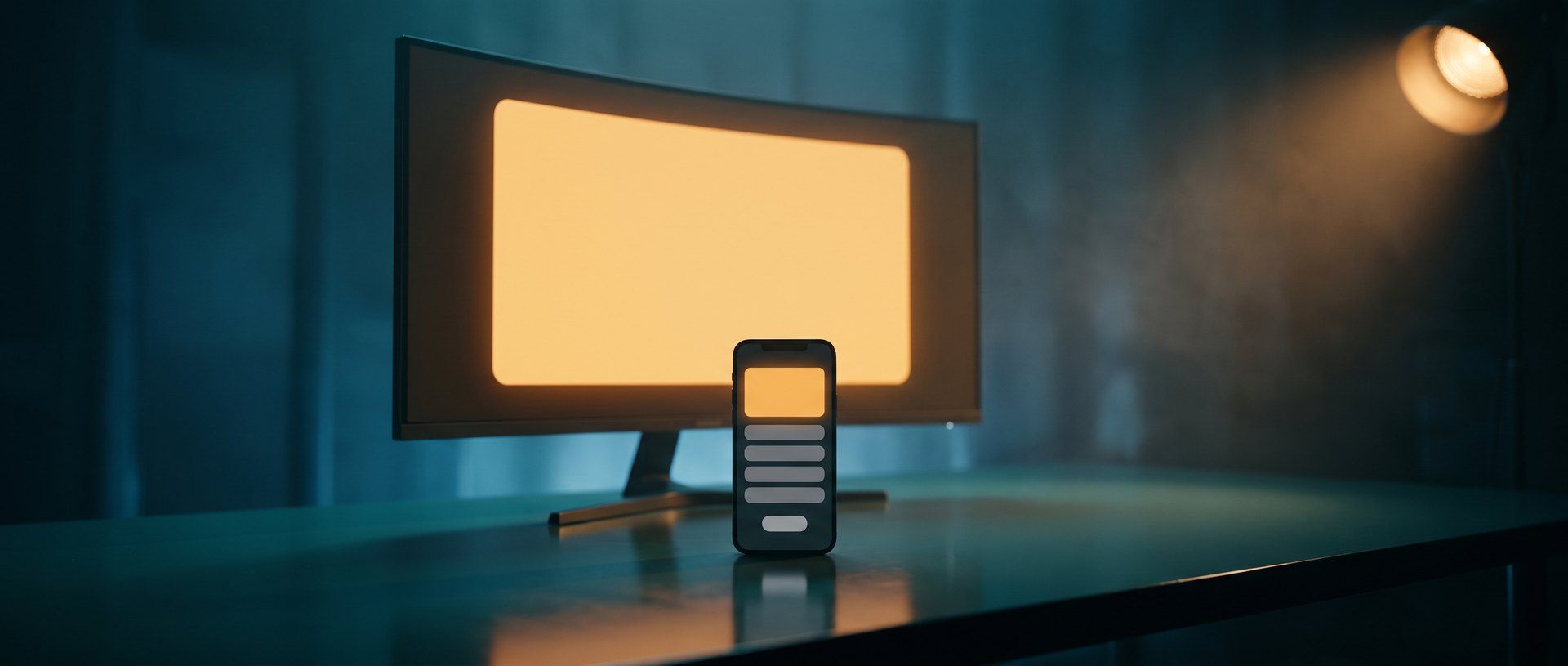 A smartphone standing on a dark desk in front of a wide glowing monitor, its screen showing a simple form.