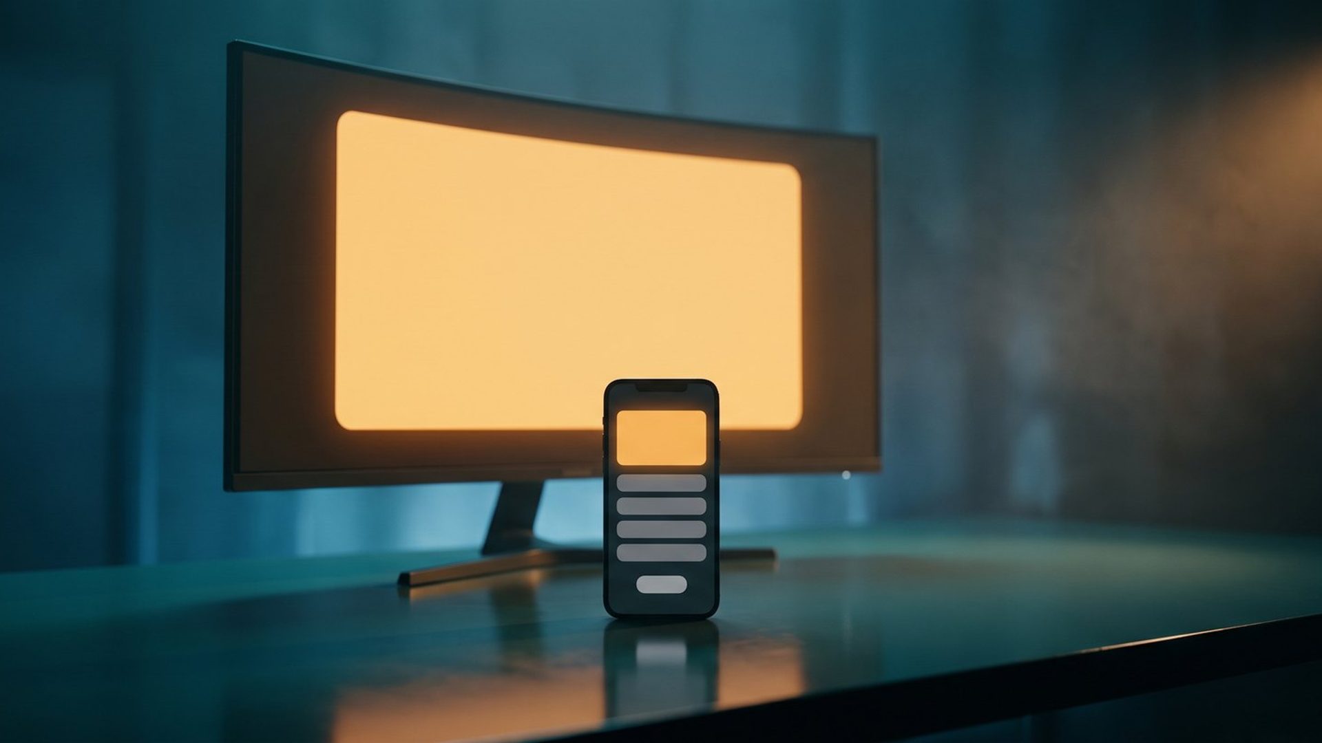 A smartphone standing on a dark desk in front of a wide glowing monitor, its screen showing a simple form.