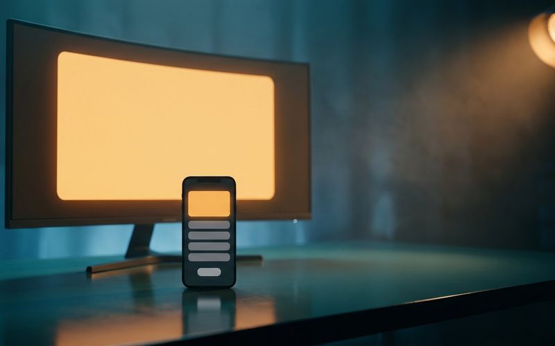 A smartphone standing on a dark desk in front of a wide glowing monitor, its screen showing a simple form.