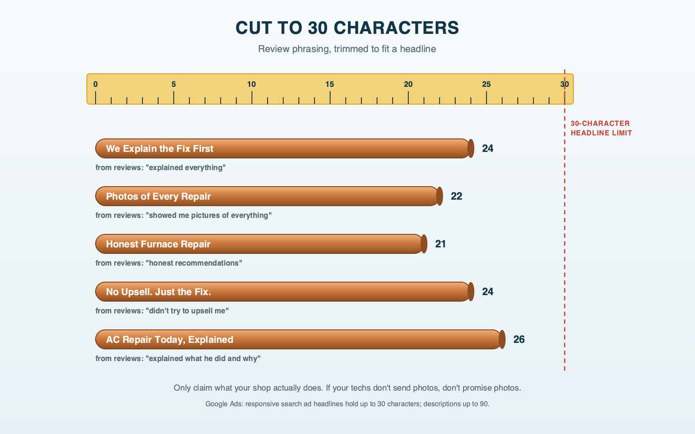 Lengths of copper line set laid along a ruler marked from 0 to 30 characters, each length cut to a headline built from review phrasing, with its character count printed beside it: We Explain the Fix First 24, Photos of Every Repair 22, Honest Furnace Repair 21, No Upsell. Just the Fix. 24, AC Repair Today, Explained 26