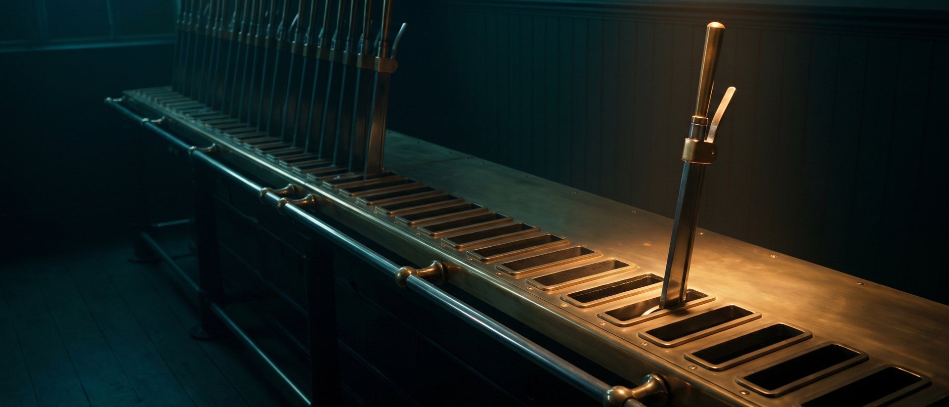 A control frame with almost every hand lever removed, leaving empty slots and one lever still standing
