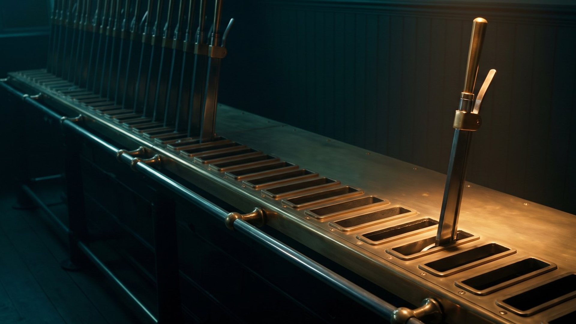 A control frame with almost every hand lever removed, leaving empty slots and one lever still standing