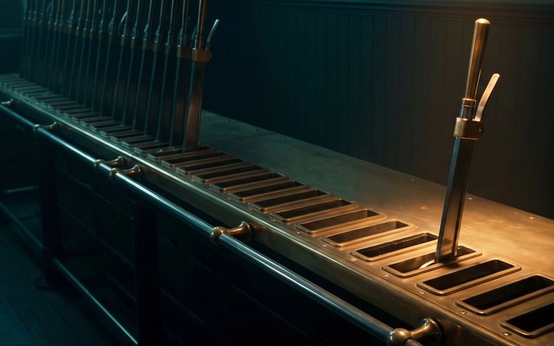 A control frame with almost every hand lever removed, leaving empty slots and one lever still standing