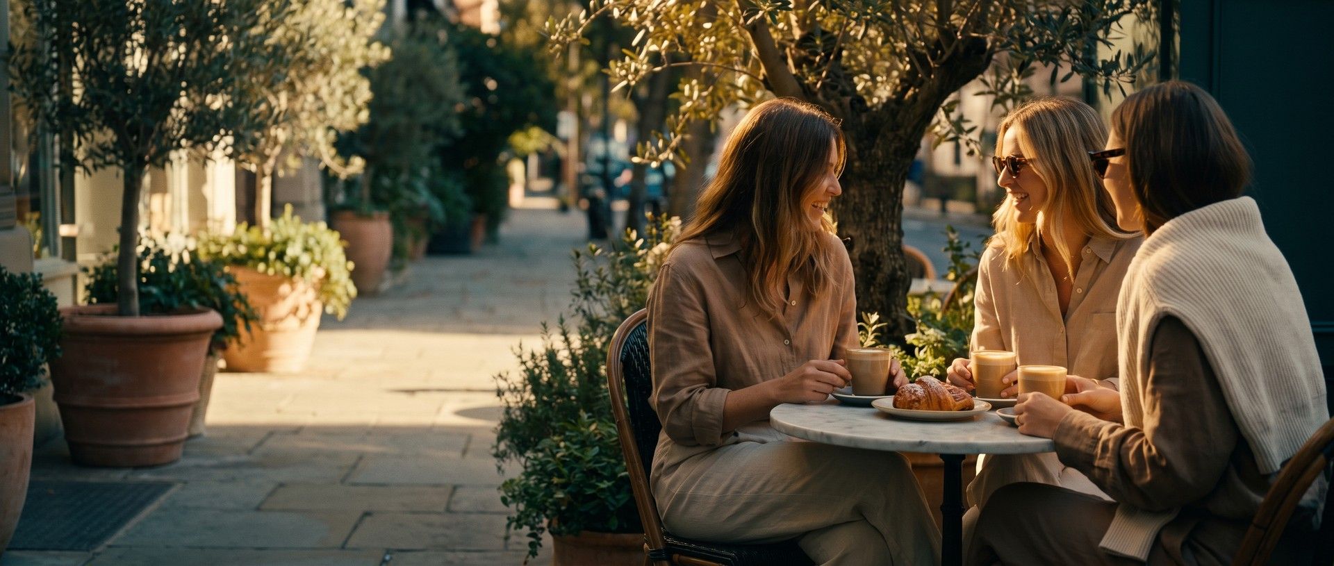 Three women friends laughing over lattes and a croissant at a marble table outside a sunny cafe, under an olive tree in warm morning light