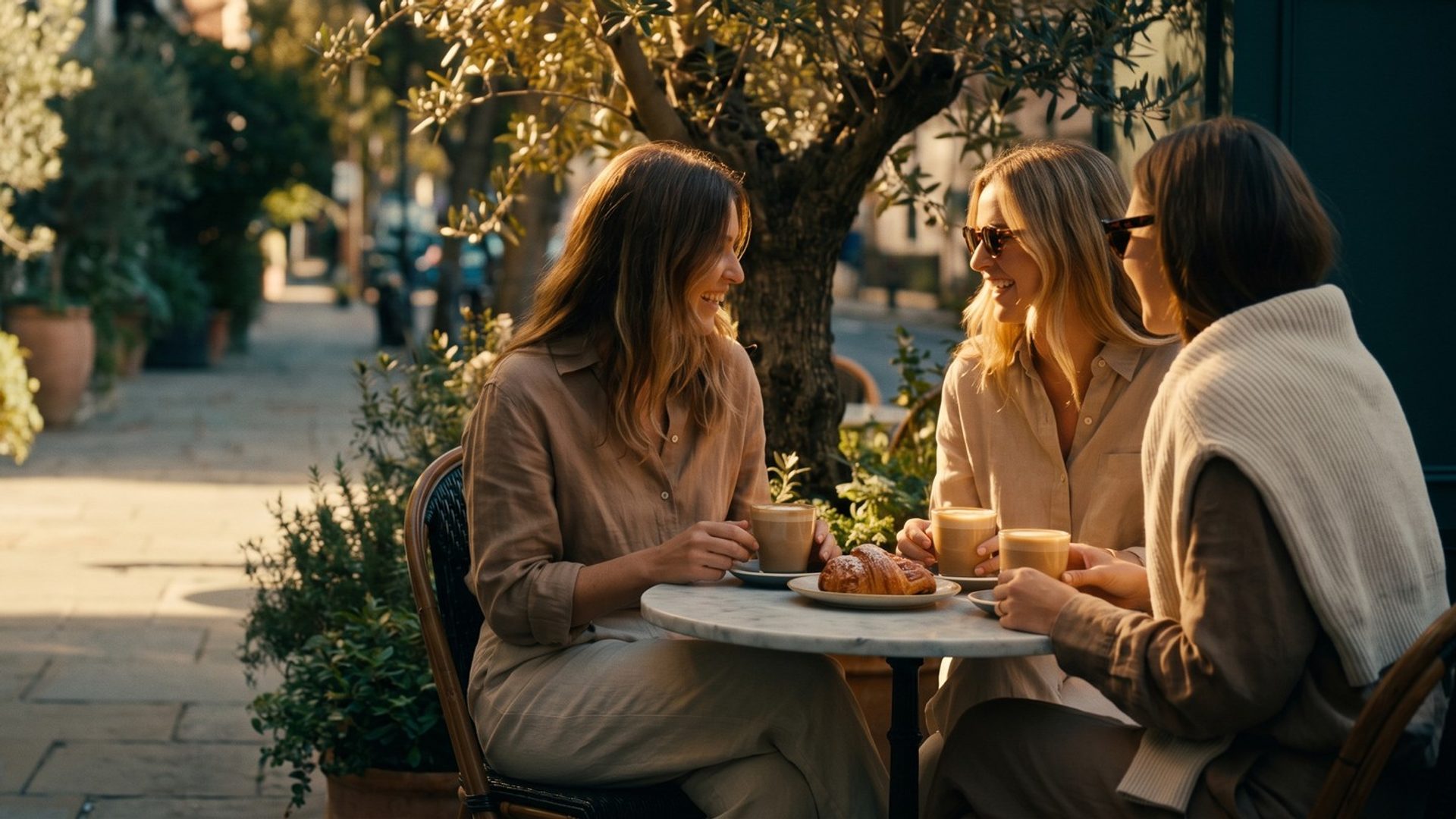 Three women friends laughing over lattes and a croissant at a marble table outside a sunny cafe, under an olive tree in warm morning light
