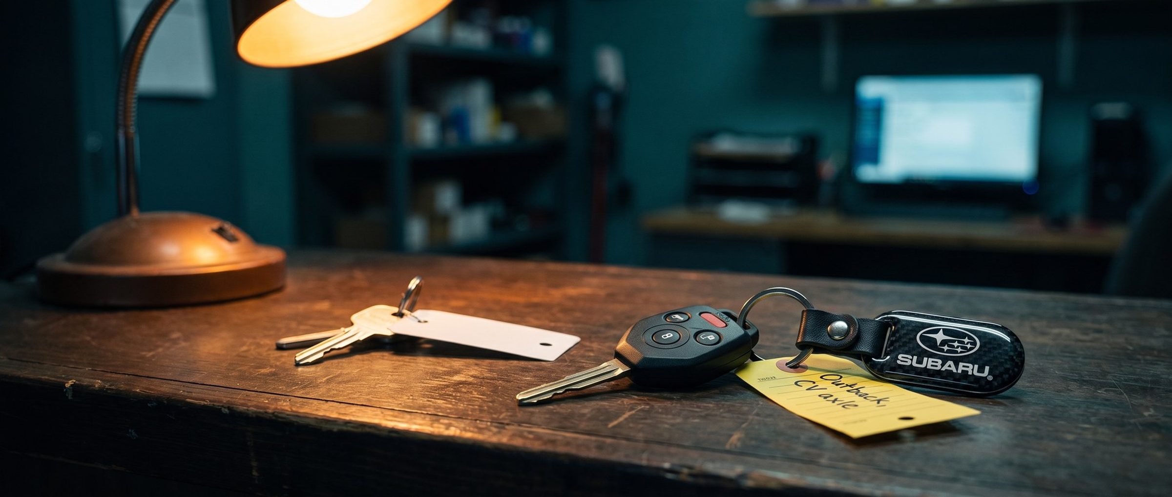 A Subaru key on a carbon-fiber Subaru logo keychain with a yellow repair tag handwritten Outback, CV axle, lying on a service counter beside a plain generic key with a blank tag