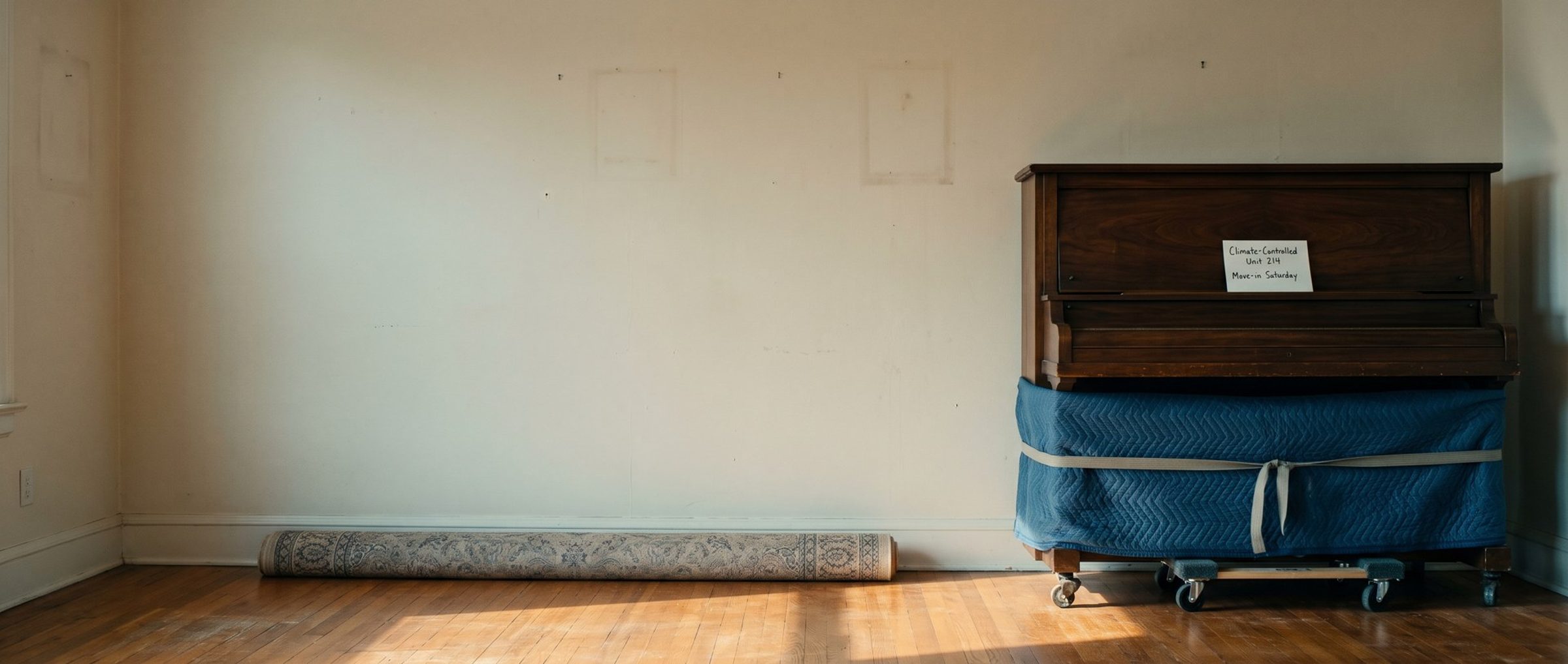 An emptied, sunlit living room with picture-nail marks on the walls and a rolled rug on the floor, and an old upright piano half-wrapped in a blue moving blanket on a piano dolly, a handwritten card on it reading Climate-Controlled Unit 214, Move-in Saturday