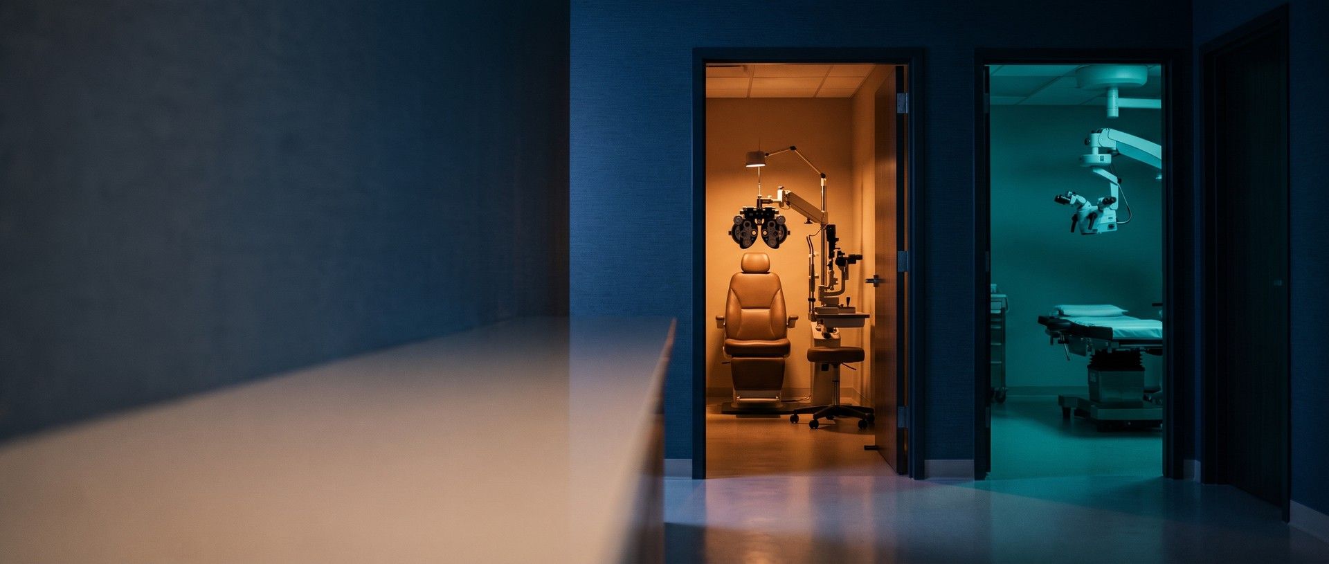 A dim eye care clinic hallway with two open doors side by side: an amber-lit exam room with a phoropter and empty exam chair, and a teal surgical suite with an operating microscope over a surgical bed