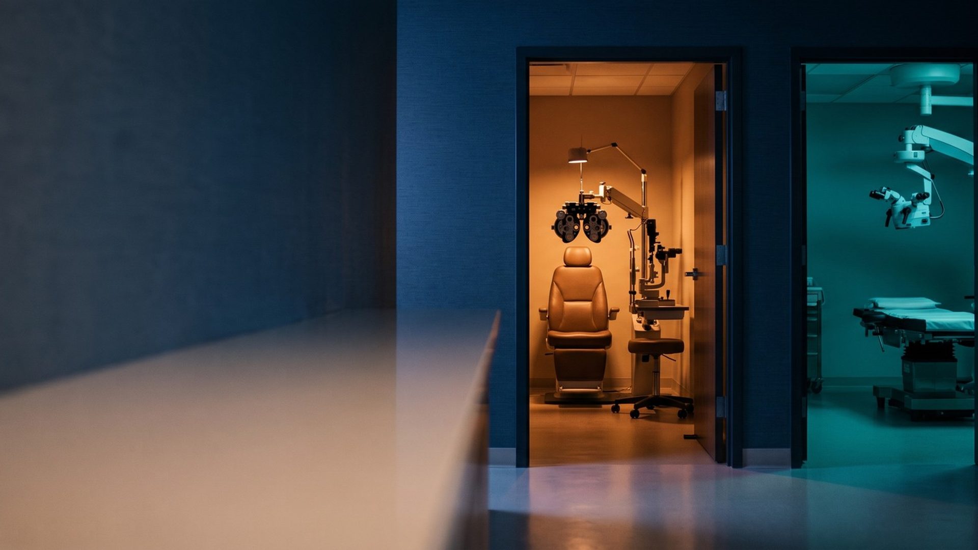 A dim eye care clinic hallway with two open doors side by side: an amber-lit exam room with a phoropter and empty exam chair, and a teal surgical suite with an operating microscope over a surgical bed