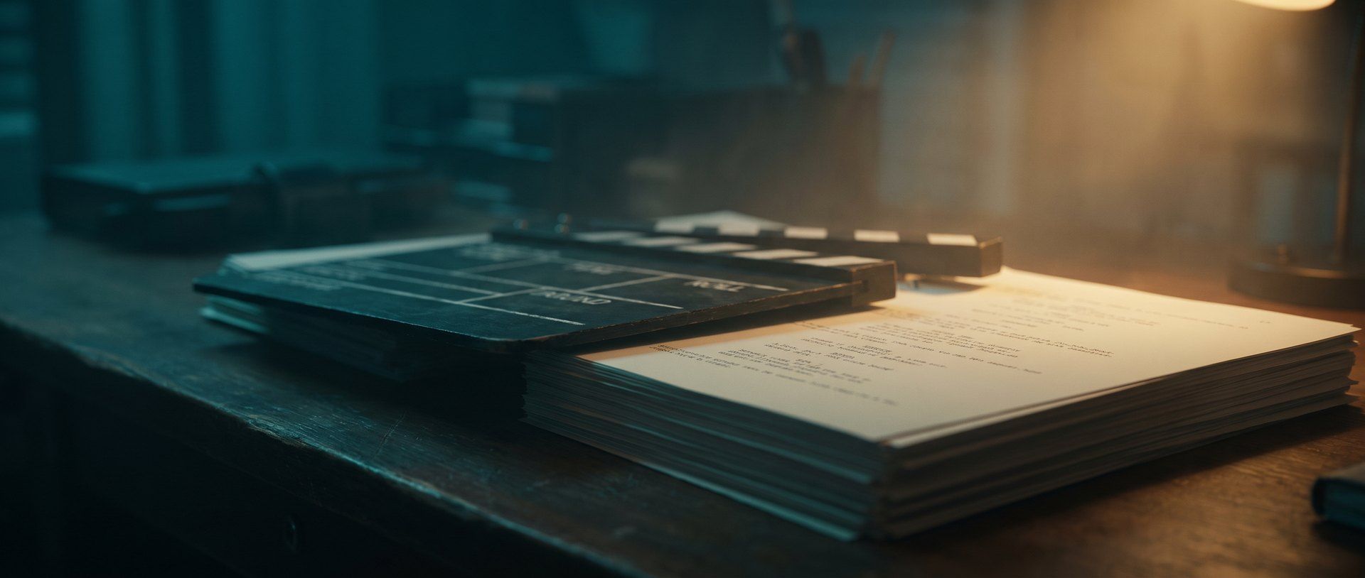 A film clapperboard resting on a stack of written video-ad script pages under warm light
