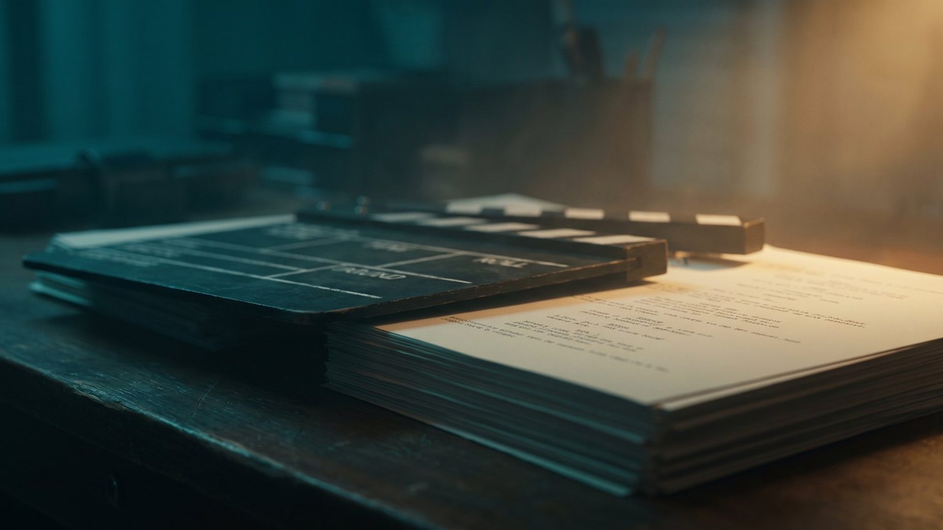 A film clapperboard resting on a stack of written video-ad script pages under warm light