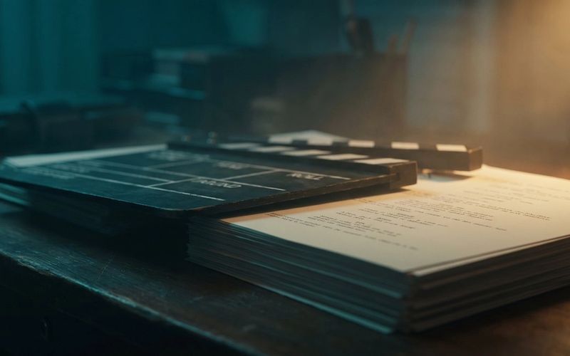 A film clapperboard resting on a stack of written video-ad script pages under warm light