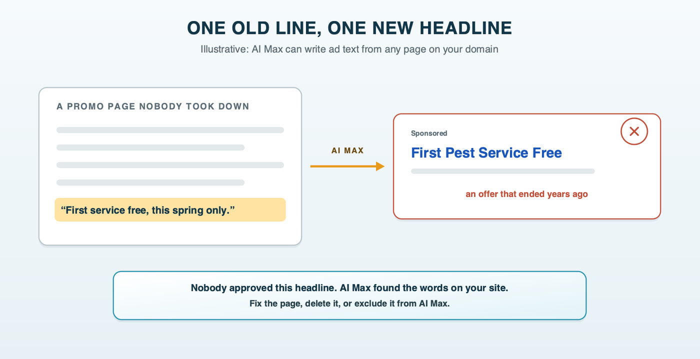 One old line, one new headline: a forgotten line on an old pest control blog page becomes a headline AI Max writes and shows to searchers, even though nobody at the company approved it