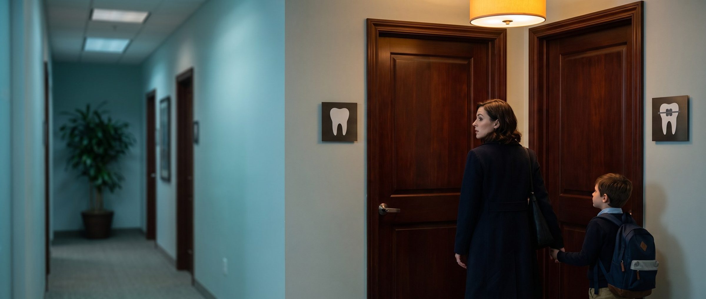 A mother holding her son's hand in a medical office hallway, glancing between two office doors, one with a plain tooth plaque and one with a tooth-in-braces plaque