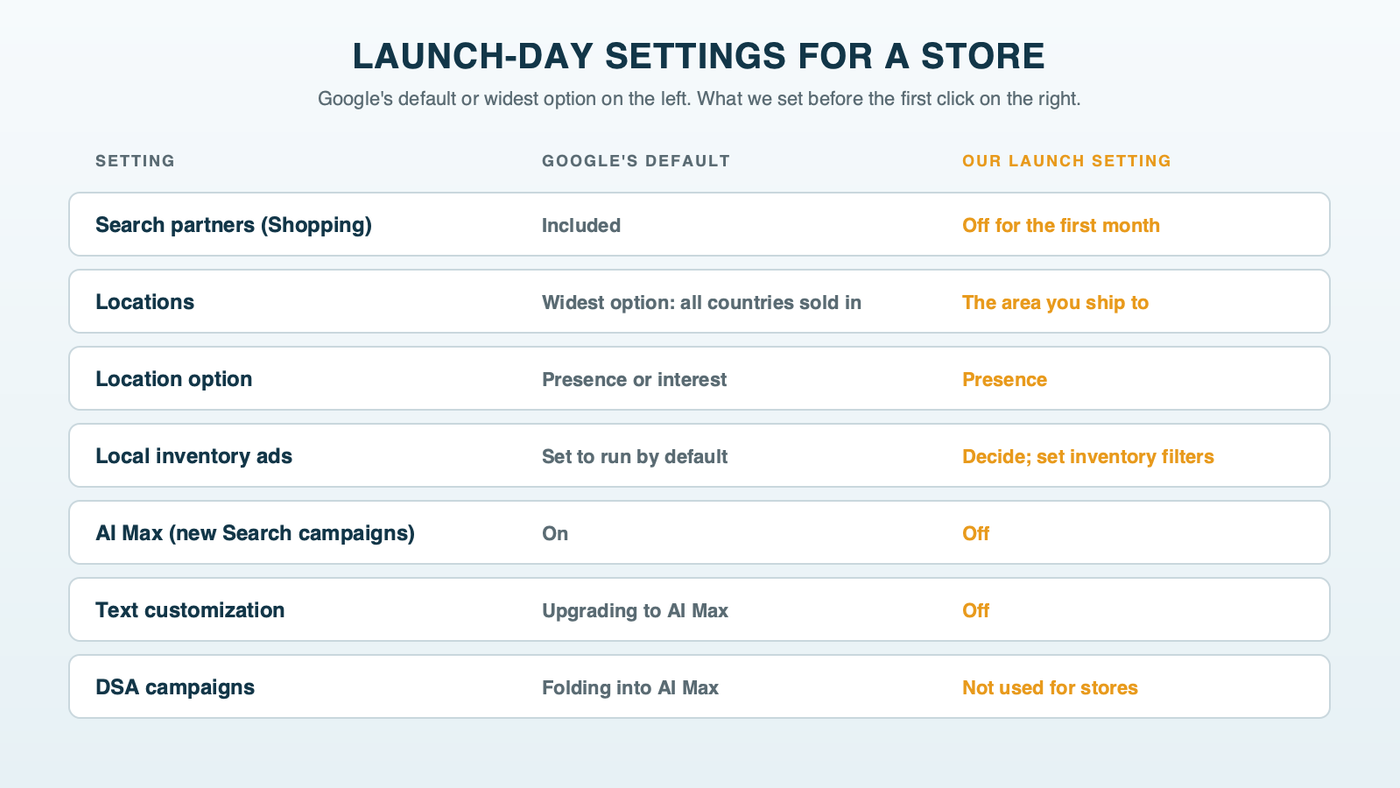 A launch-day checklist for a store: Google's default on the left and our launch setting on the right, covering search partners, locations and location options, local inventory, AI Max for new Search campaigns, text customization and ads Google writes from your site