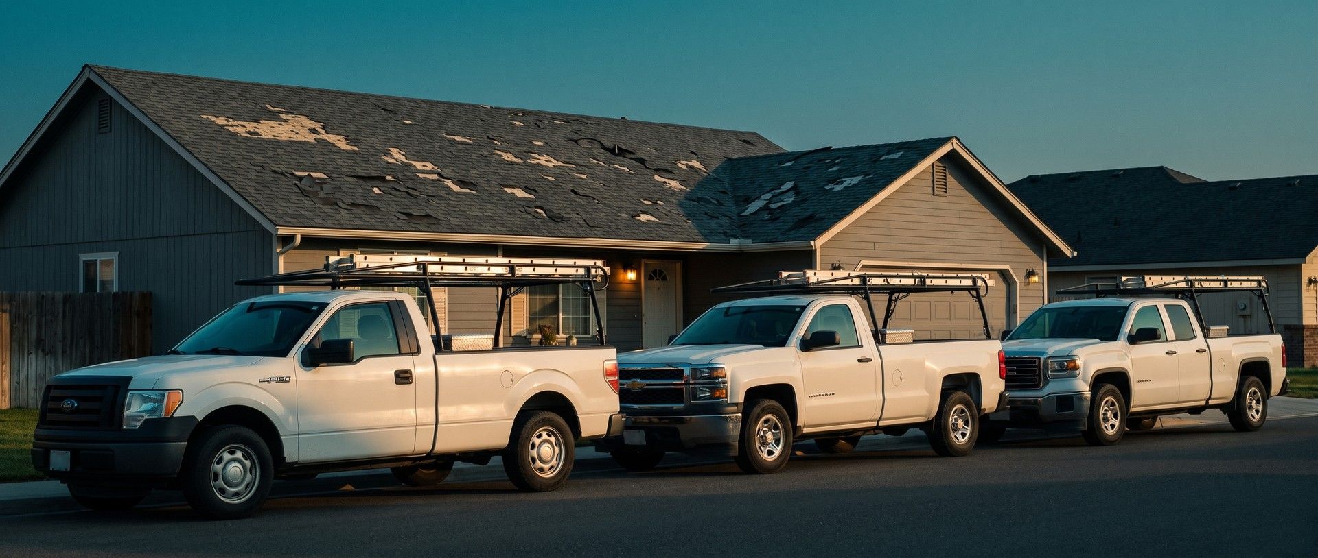 Three white work pickups with ladder racks lined up at the curb in front of one hail-damaged house at golden hour