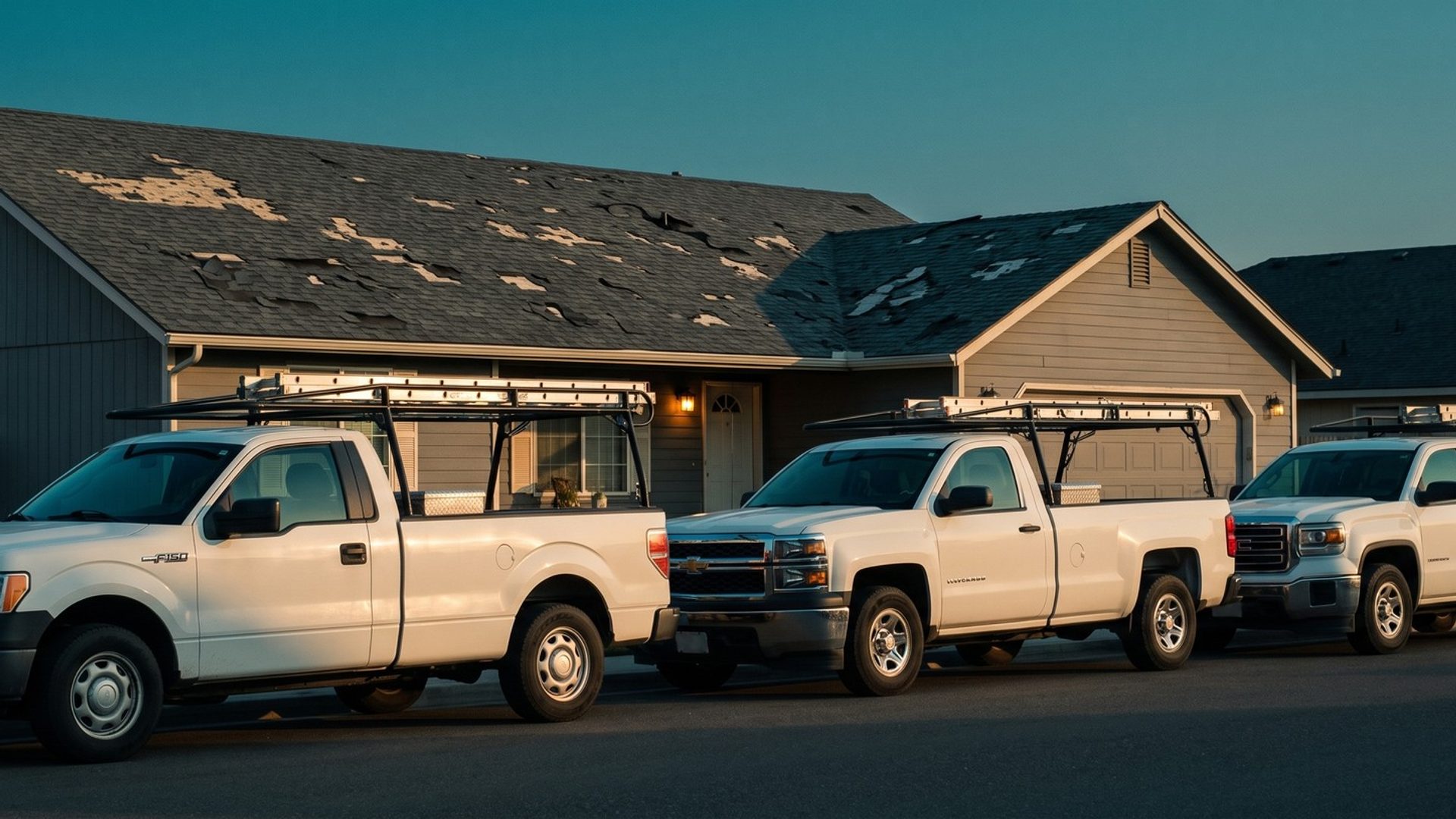 Three white work pickups with ladder racks lined up at the curb in front of one hail-damaged house at golden hour