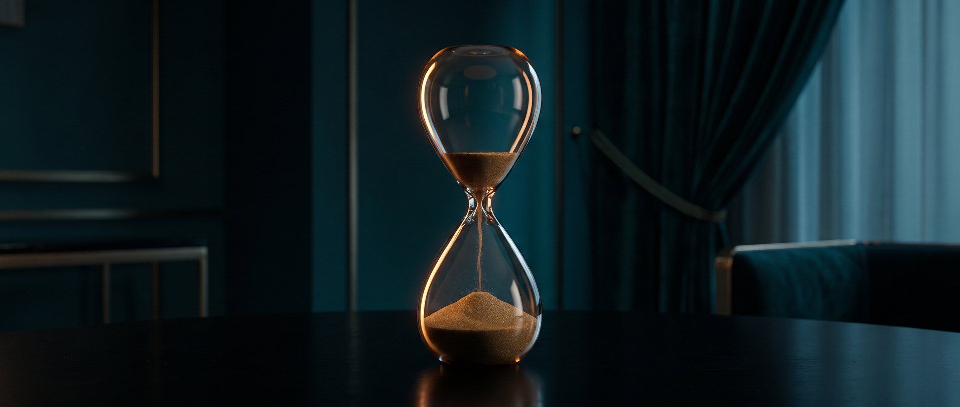 An hourglass on a dark table with only its final grains of amber sand left to fall