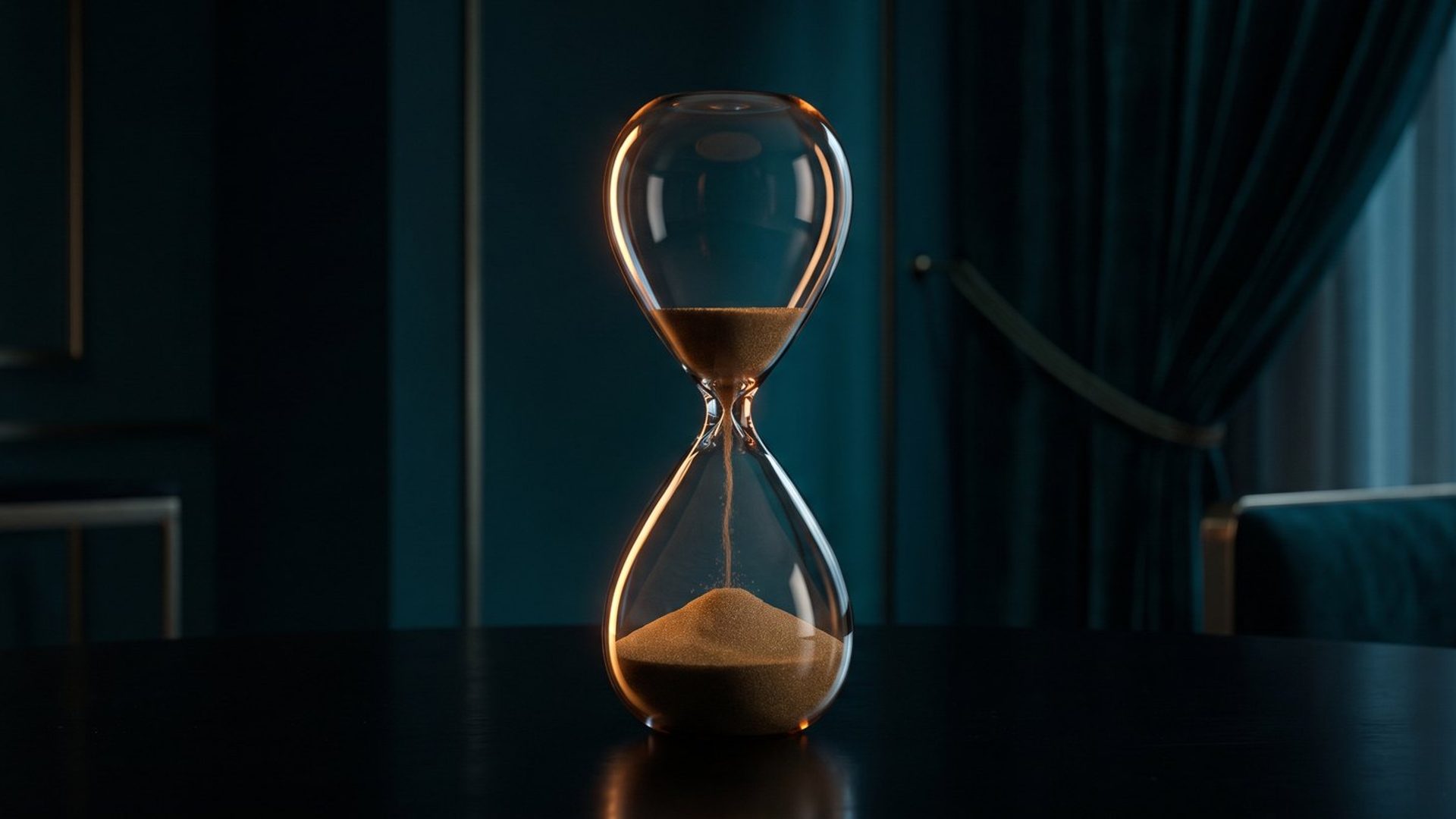 An hourglass on a dark table with only its final grains of amber sand left to fall